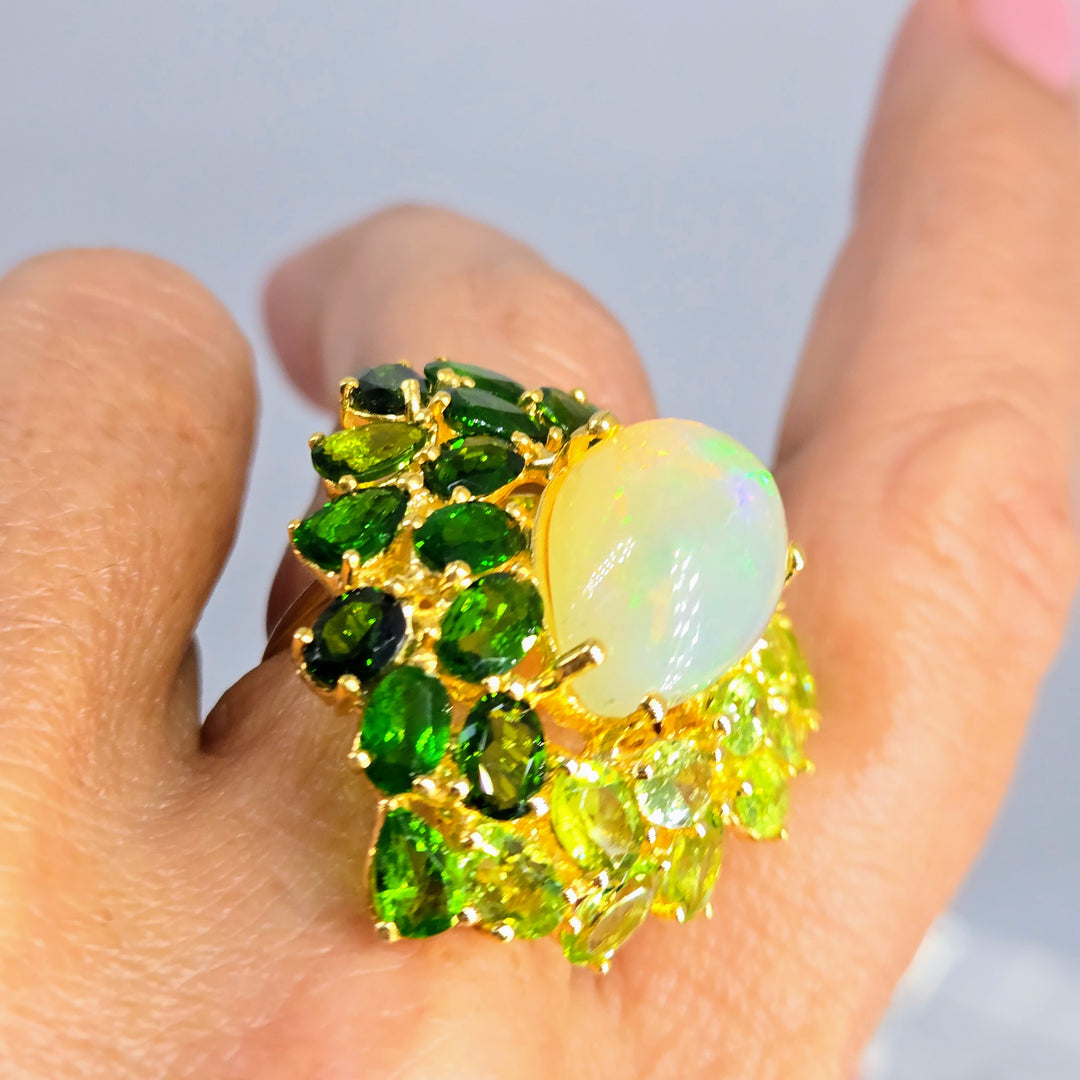 "Green Goddess" Sz 9 Ring - Opal, Peridot, Chrome Diopside, 18k Gold Sterling