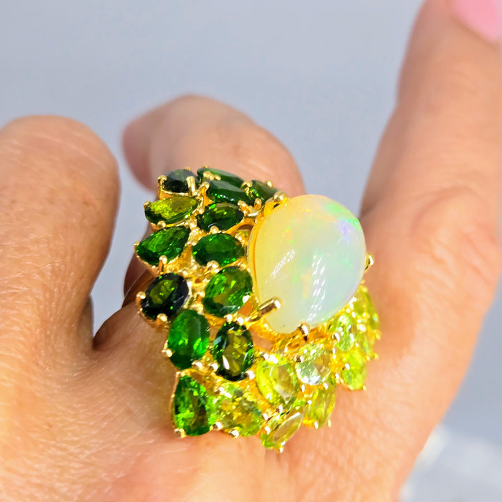 "Green Goddess" Sz 9 Ring - Opal, Peridot, Chrome Diopside, 18k Gold Sterling