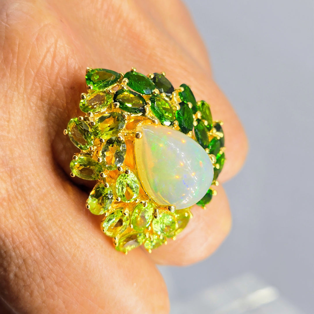 "Green Goddess" Sz 9 Ring - Opal, Peridot, Chrome Diopside, 18k Gold Sterling