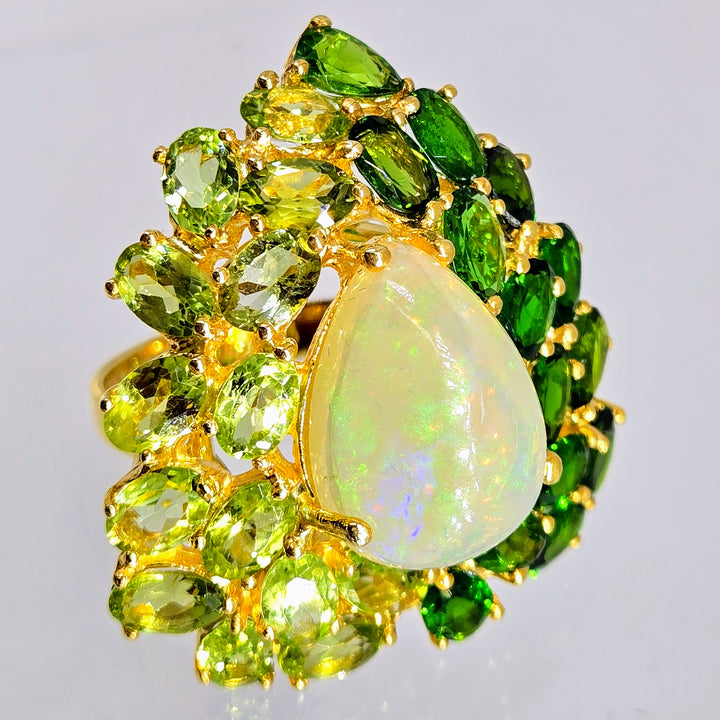 "Green Goddess" Sz 9 Ring - Opal, Peridot, Chrome Diopside, 18k Gold Sterling