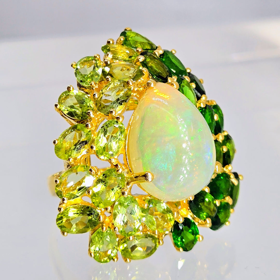"Green Goddess" Sz 9 Ring - Opal, Peridot, Chrome Diopside, 18k Gold Sterling