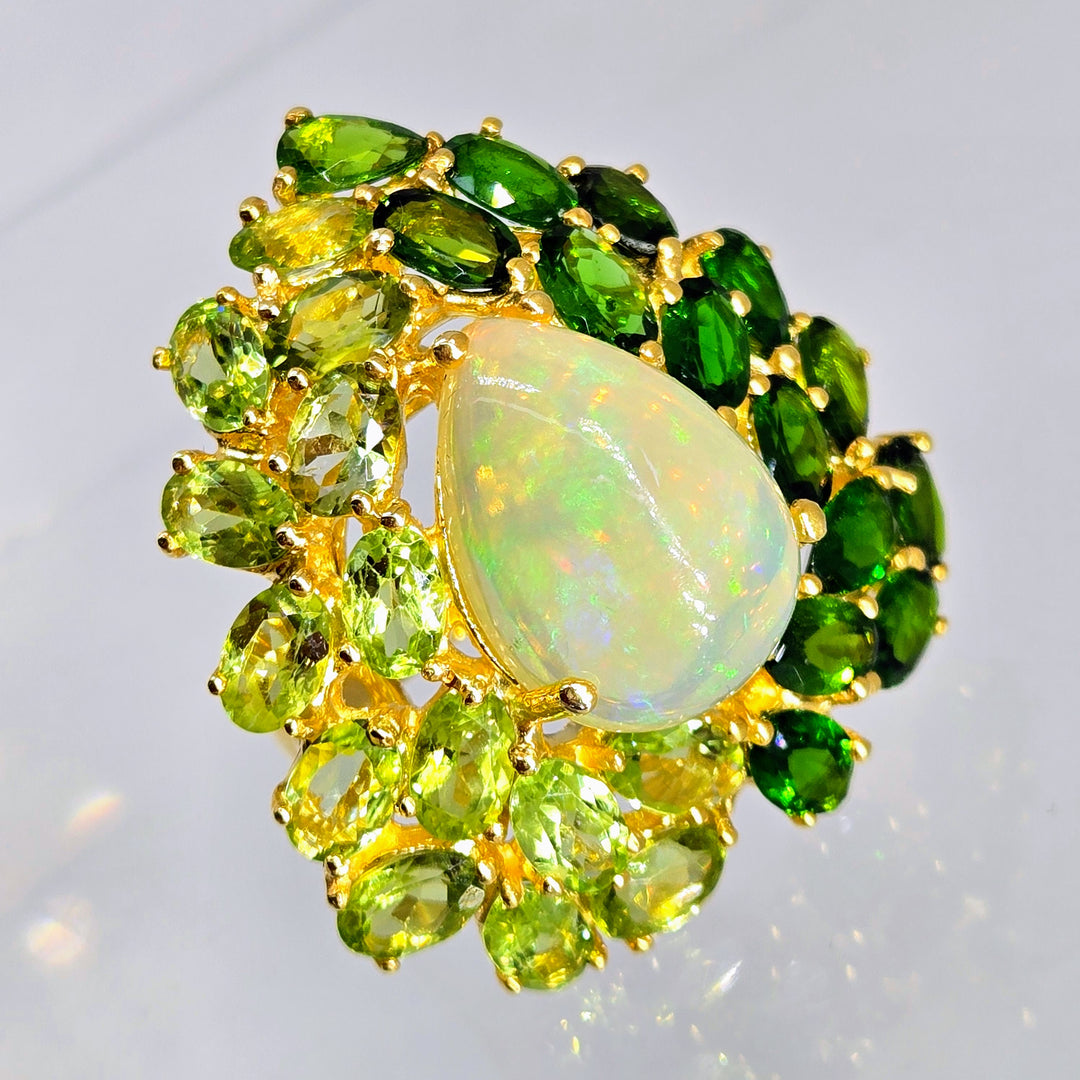 "Green Goddess" Sz 9 Ring - Opal, Peridot, Chrome Diopside, 18k Gold Sterling