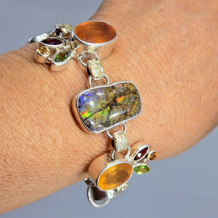 "The Mystic" 7" - 8" Bracelet - Ammolite, Citrine, Peridot, Quartz, Garnets, Sterling, 18k Gold Accents