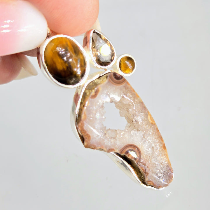 "Bear Claw" 2" Pendant - Geode, Tiger Eye, Smoky Quartz, Sterling