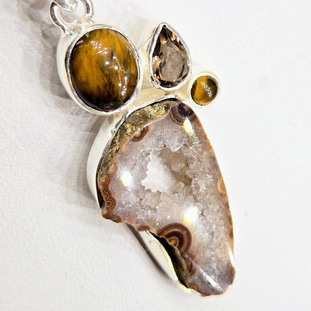 "Bear Claw" 2" Pendant - Geode, Tiger Eye, Smoky Quartz, Sterling