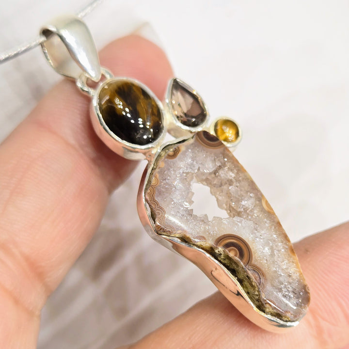 "Bear Claw" 2" Pendant - Geode, Tiger Eye, Smoky Quartz, Sterling