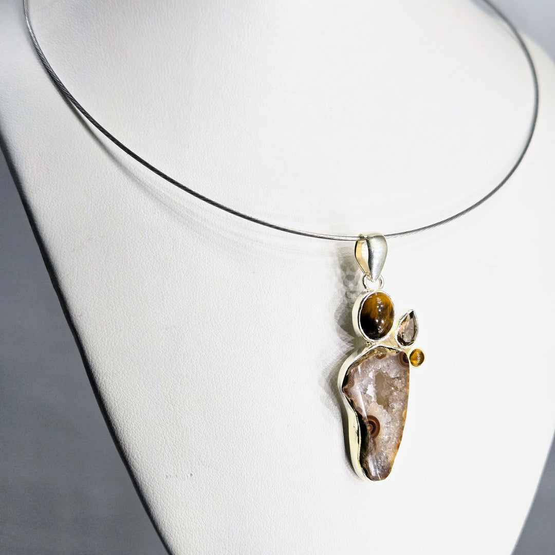 "Bear Claw" 2" Pendant - Geode, Tiger Eye, Smoky Quartz, Sterling