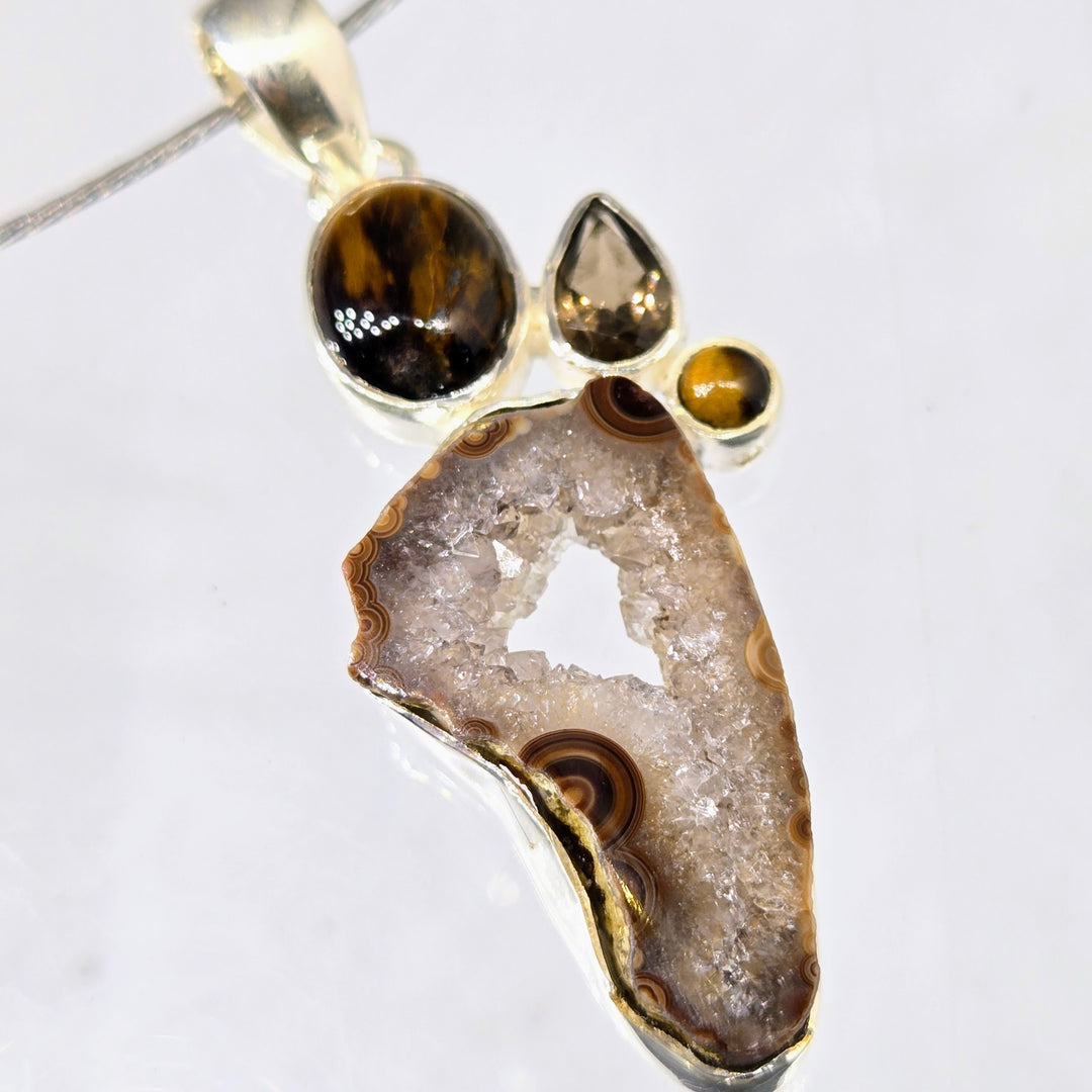"Bear Claw" 2" Pendant - Geode, Tiger Eye, Smoky Quartz, Sterling