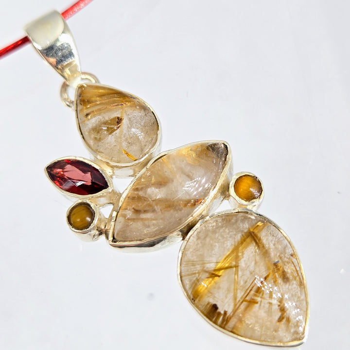 "Golden" 2" Pendant - Rutilated Quartz, Rhodolite Garnet, Tiger Eye, Sterling
