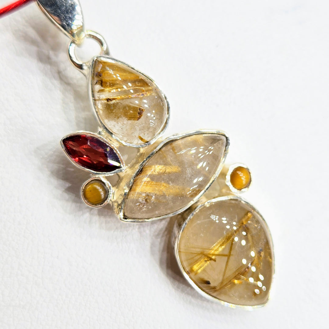 "Golden" 2" Pendant - Rutilated Quartz, Rhodolite Garnet, Tiger Eye, Sterling