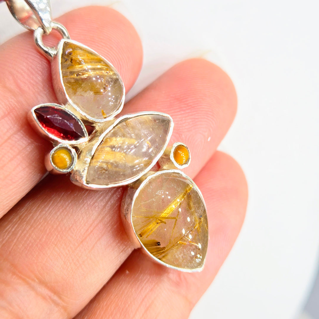 "Golden" 2" Pendant - Rutilated Quartz, Rhodolite Garnet, Tiger Eye, Sterling