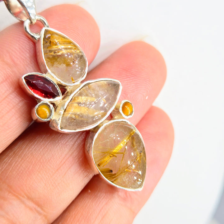 "Golden" 2" Pendant - Rutilated Quartz, Rhodolite Garnet, Tiger Eye, Sterling