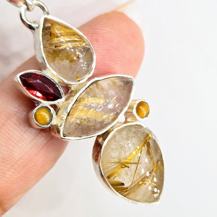 "Golden" 2" Pendant - Rutilated Quartz, Rhodolite Garnet, Tiger Eye, Sterling