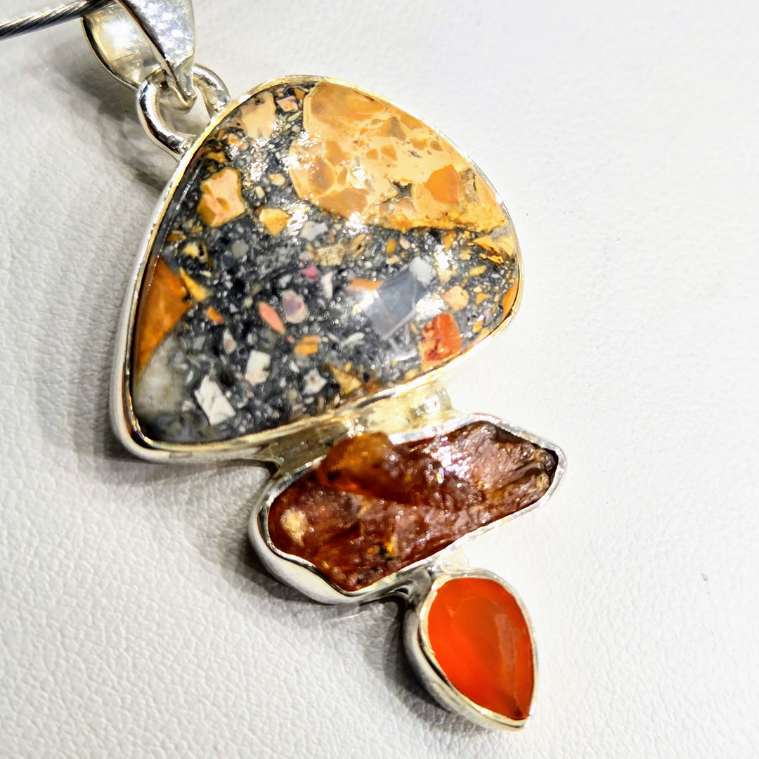 "Toffee Crunch" 2" Pendant - Jasper, Kyanite, Fire Opal, Sterling
