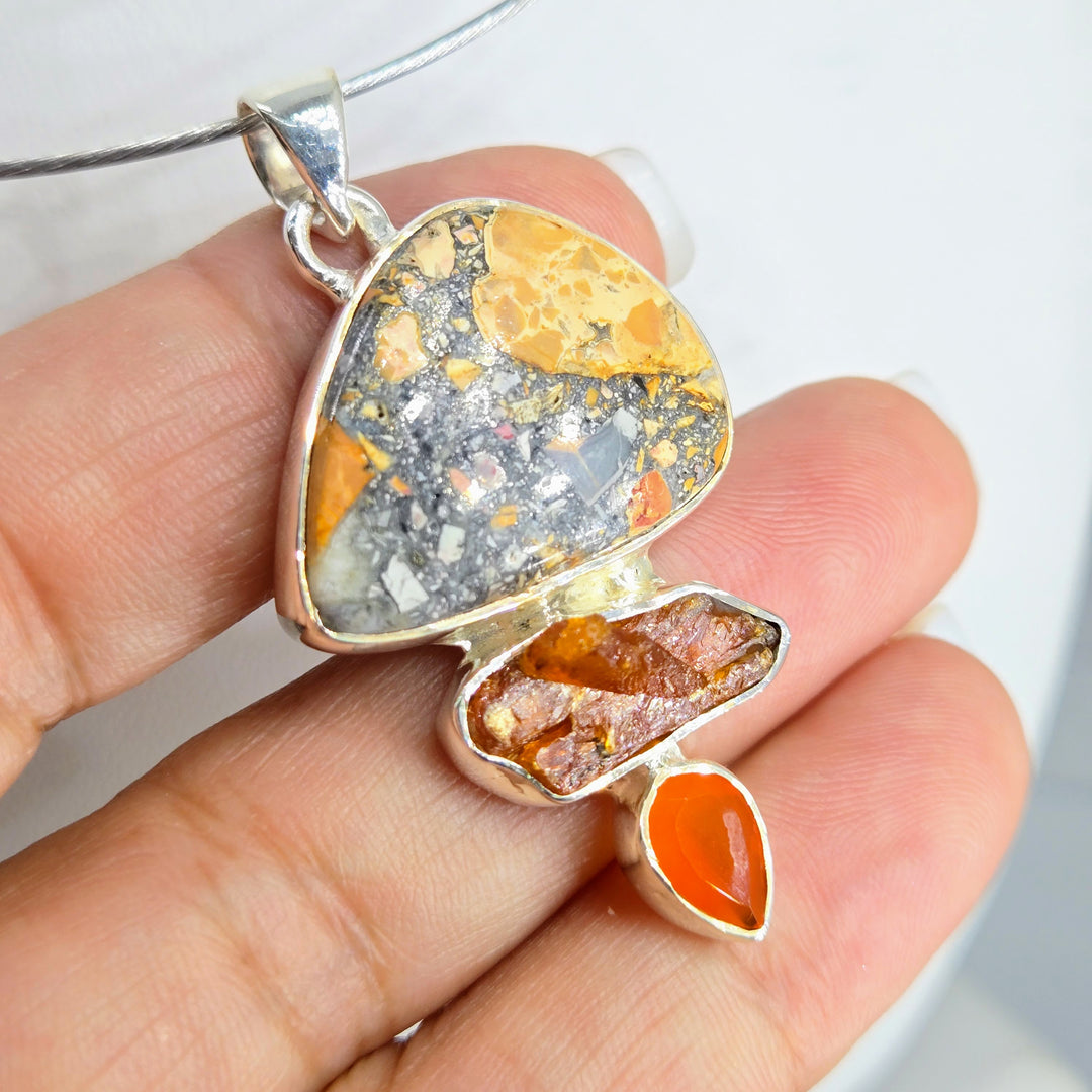 "Toffee Crunch" 2" Pendant - Jasper, Kyanite, Fire Opal, Sterling