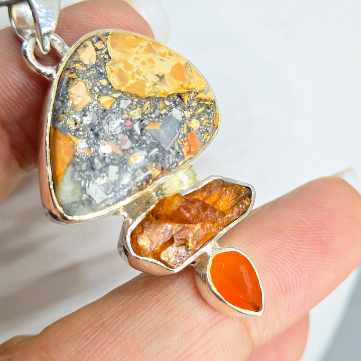 "Toffee Crunch" 2" Pendant - Jasper, Kyanite, Fire Opal, Sterling