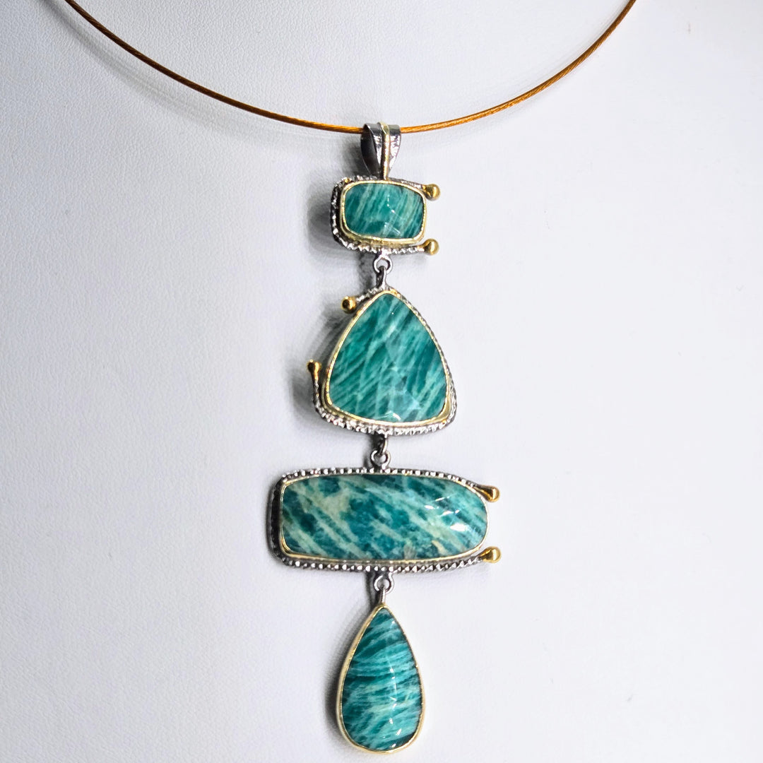 "Veridian" 4" Pendant - Amazonite, Black Sterling, 18k Gold Accents