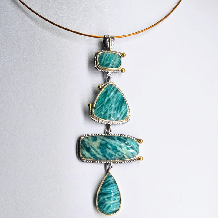 "Veridian" 4" Pendant - Amazonite, Black Sterling, 18k Gold Accents