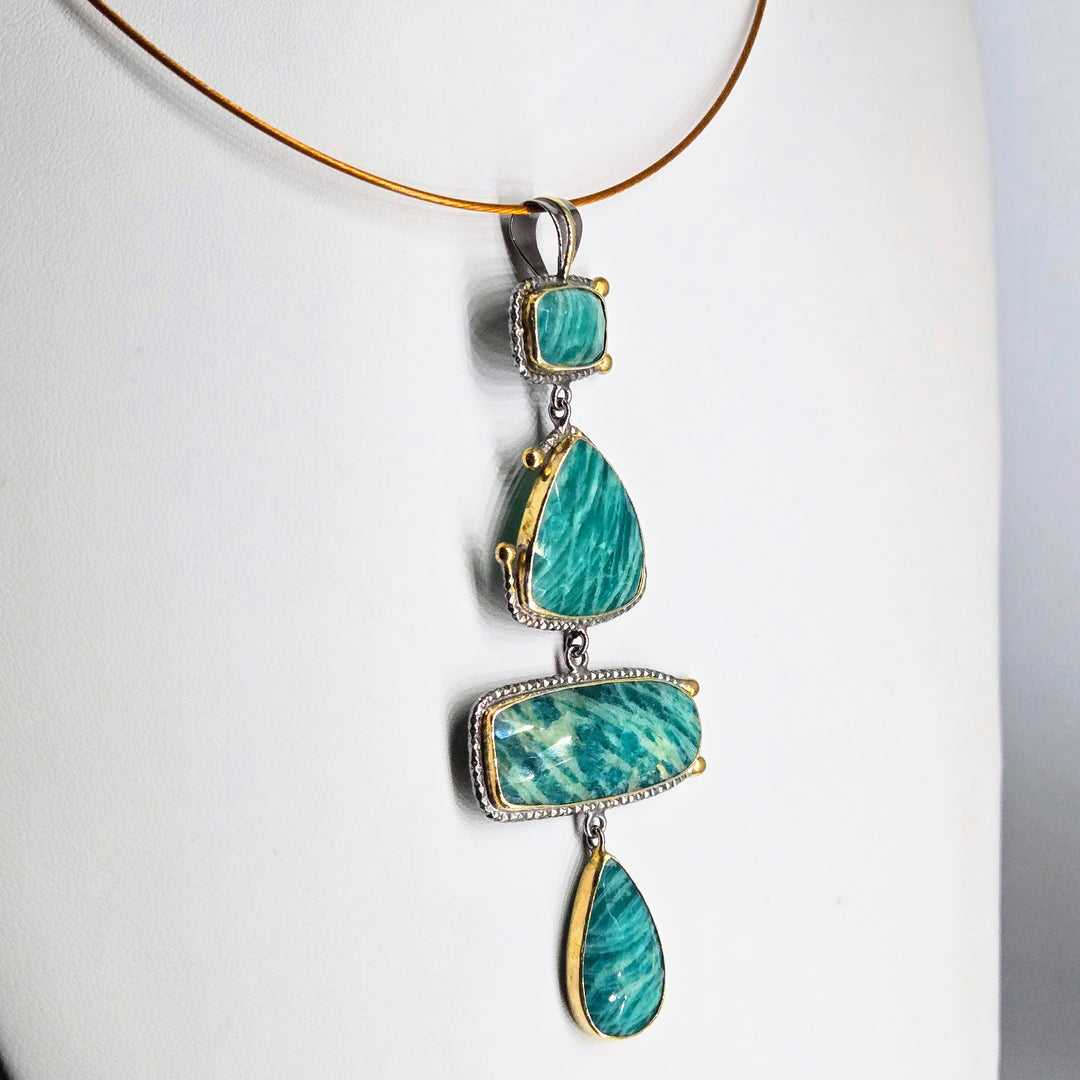 "Veridian" 4" Pendant - Amazonite, Black Sterling, 18k Gold Accents