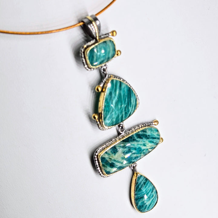 "Veridian" 4" Pendant - Amazonite, Black Sterling, 18k Gold Accents