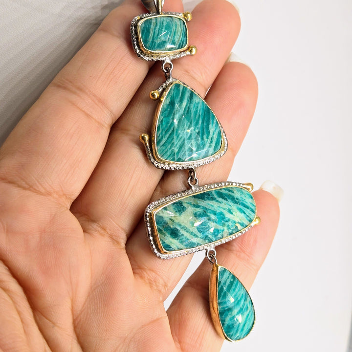 "Veridian" 4" Pendant - Amazonite, Black Sterling, 18k Gold Accents
