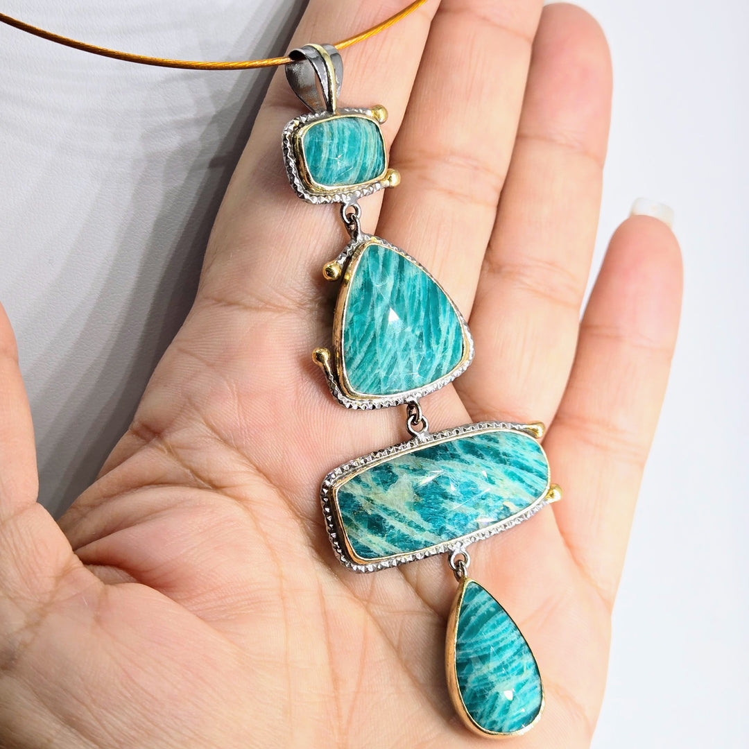 "Veridian" 4" Pendant - Amazonite, Black Sterling, 18k Gold Accents