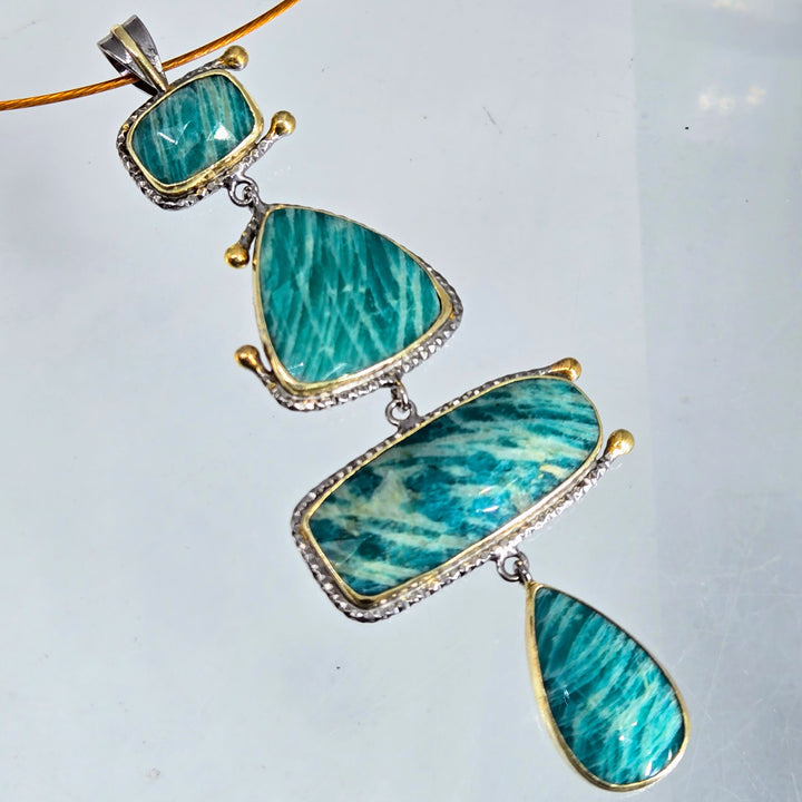 "Veridian" 4" Pendant - Amazonite, Black Sterling, 18k Gold Accents