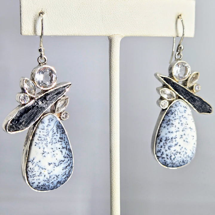 "All In Black & White" 2.25" Earrings - Dendritic Opal, Kyanite, Topaz, Sterling