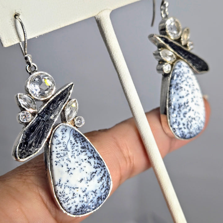 "All In Black & White" 2.25" Earrings - Dendritic Opal, Kyanite, Topaz, Sterling