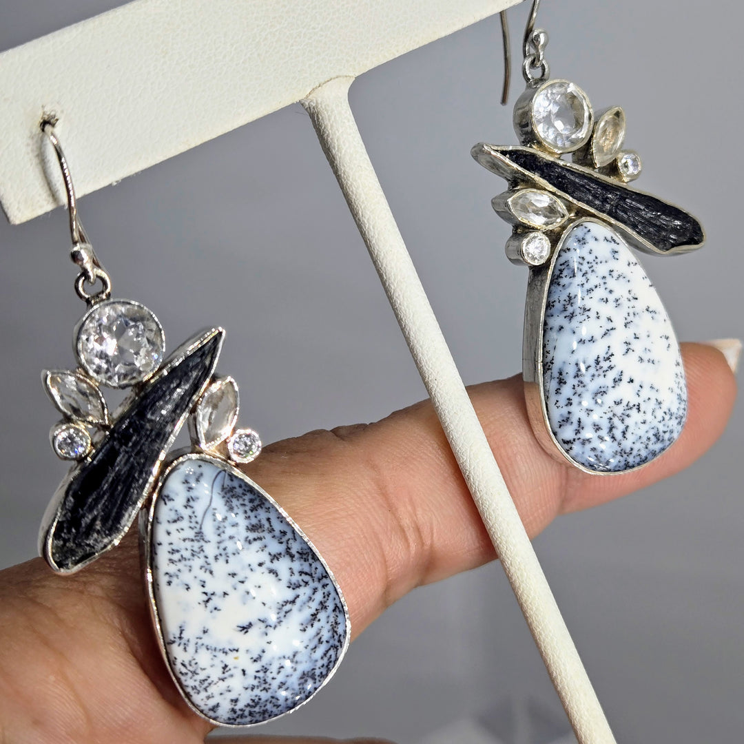 "All In Black & White" 2.25" Earrings - Dendritic Opal, Kyanite, Topaz, Sterling