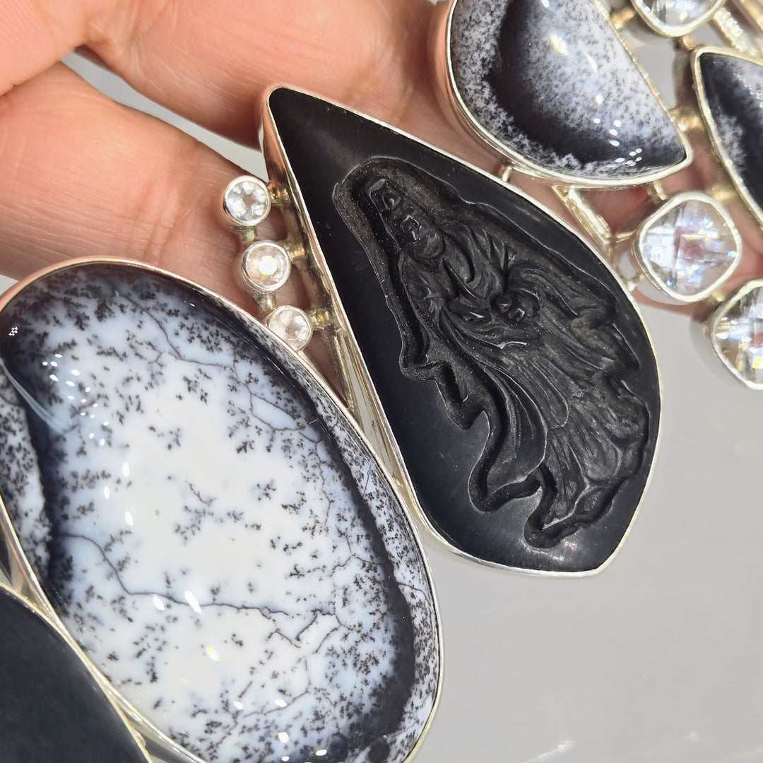 "Kwan Yin" 7" - 8.5" Bracelet - Dendritic Opal, Topaz, African Blackwood, Sterling