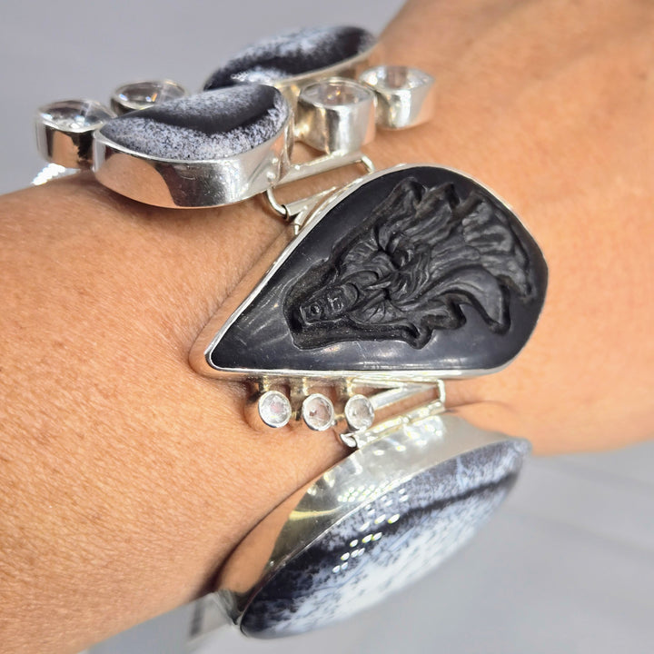 "Kwan Yin" 7" - 8.5" Bracelet - Dendritic Opal, Topaz, African Blackwood, Sterling