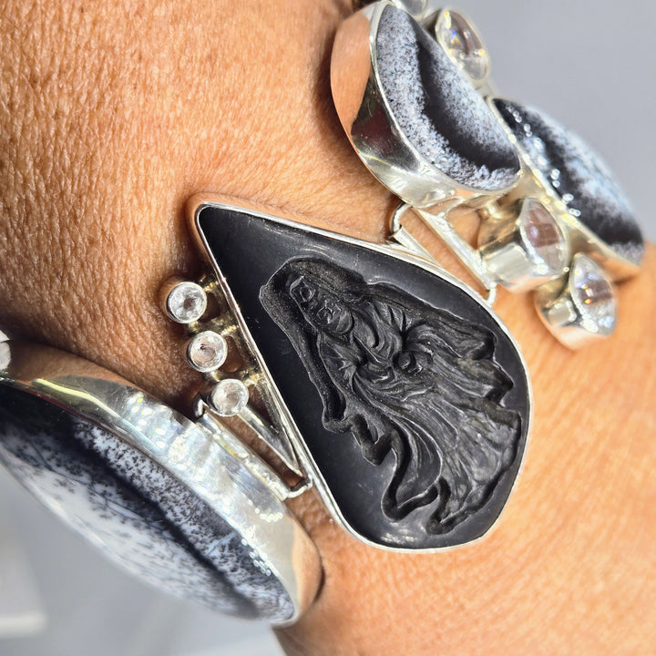 "Kwan Yin" 7" - 8.5" Bracelet - Dendritic Opal, Topaz, African Blackwood, Sterling