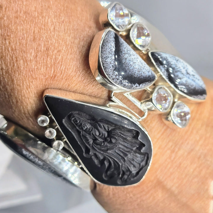 "Kwan Yin" 7" - 8.5" Bracelet - Dendritic Opal, Topaz, African Blackwood, Sterling