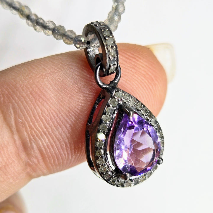 "Dusky Delight" 18"-20" Pendant Necklace - Amethyst, Diamonds, Labradorite Strand, Sterling
