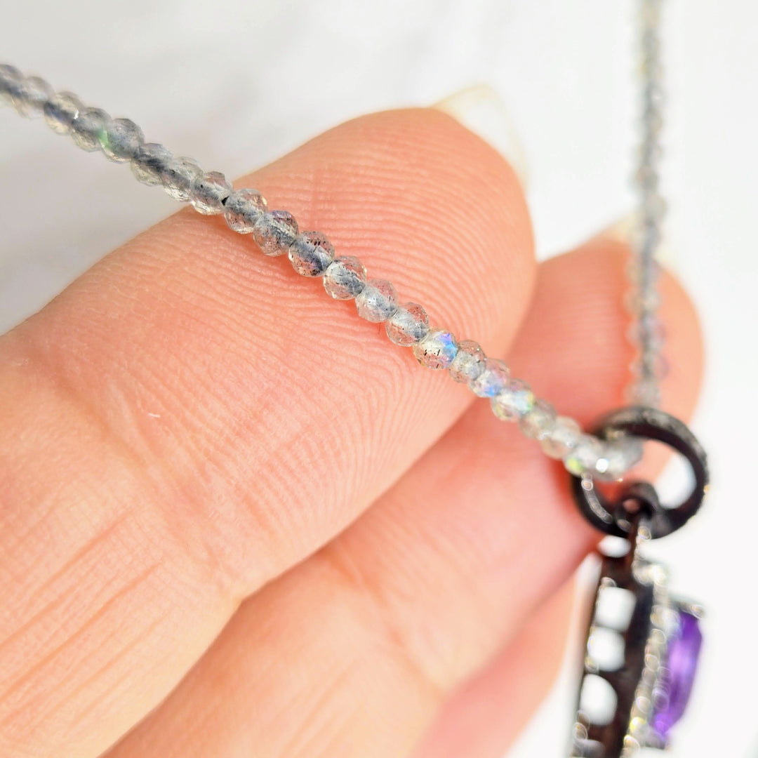 "Dusky Delight" 18"-20" Pendant Necklace - Amethyst, Diamonds, Labradorite Strand, Sterling