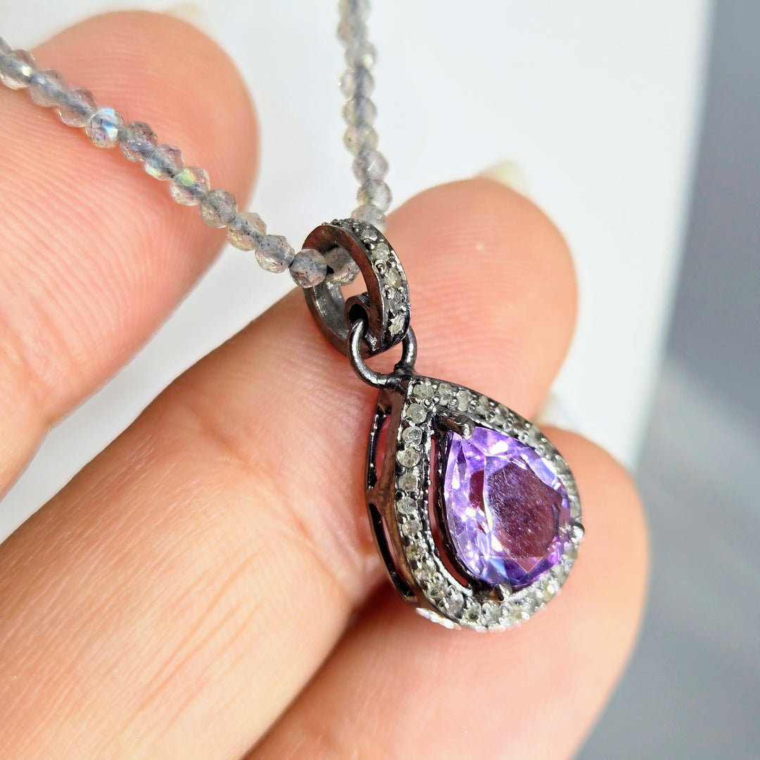"Dusky Delight" 18"-20" Pendant Necklace - Amethyst, Diamonds, Labradorite Strand, Sterling