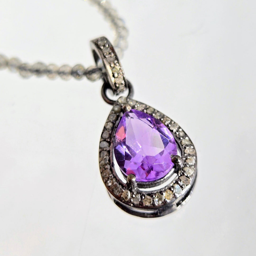 "Dusky Delight" 18"-20" Pendant Necklace - Amethyst, Diamonds, Labradorite Strand, Sterling