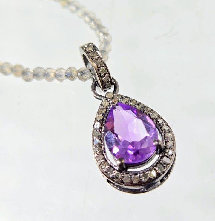 "Dusky Delight" 18"-20" Pendant Necklace - Amethyst, Diamonds, Labradorite Strand, Sterling