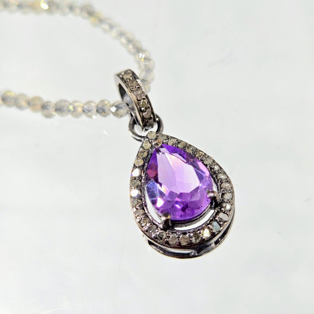 "Dusky Delight" 18"-20" Pendant Necklace - Amethyst, Diamonds, Labradorite Strand, Sterling