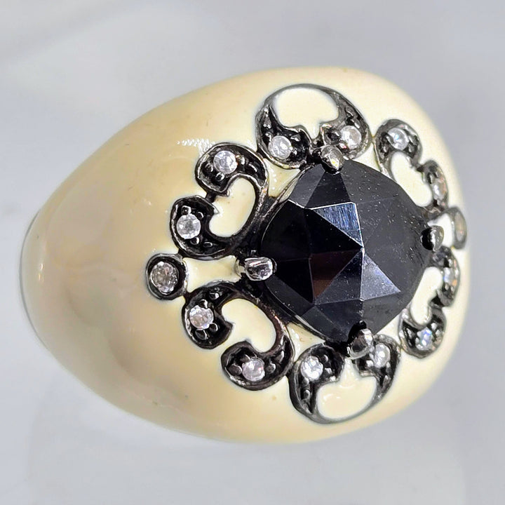 "French Cream" Sz 7.5 Ring - Enamel, Spinel, Crystal, Black Sterling