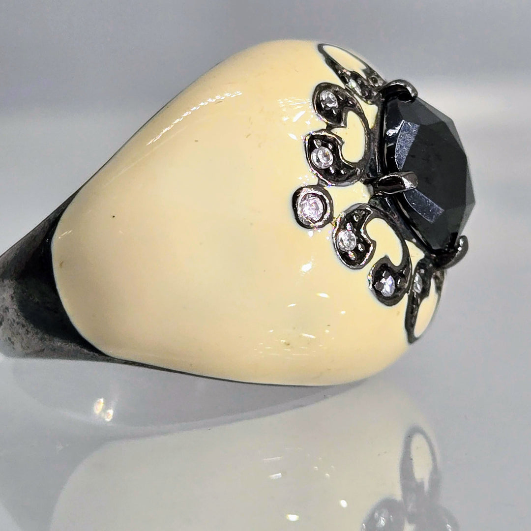 "French Cream" Sz 7.5 Ring - Enamel, Spinel, Crystal, Black Sterling