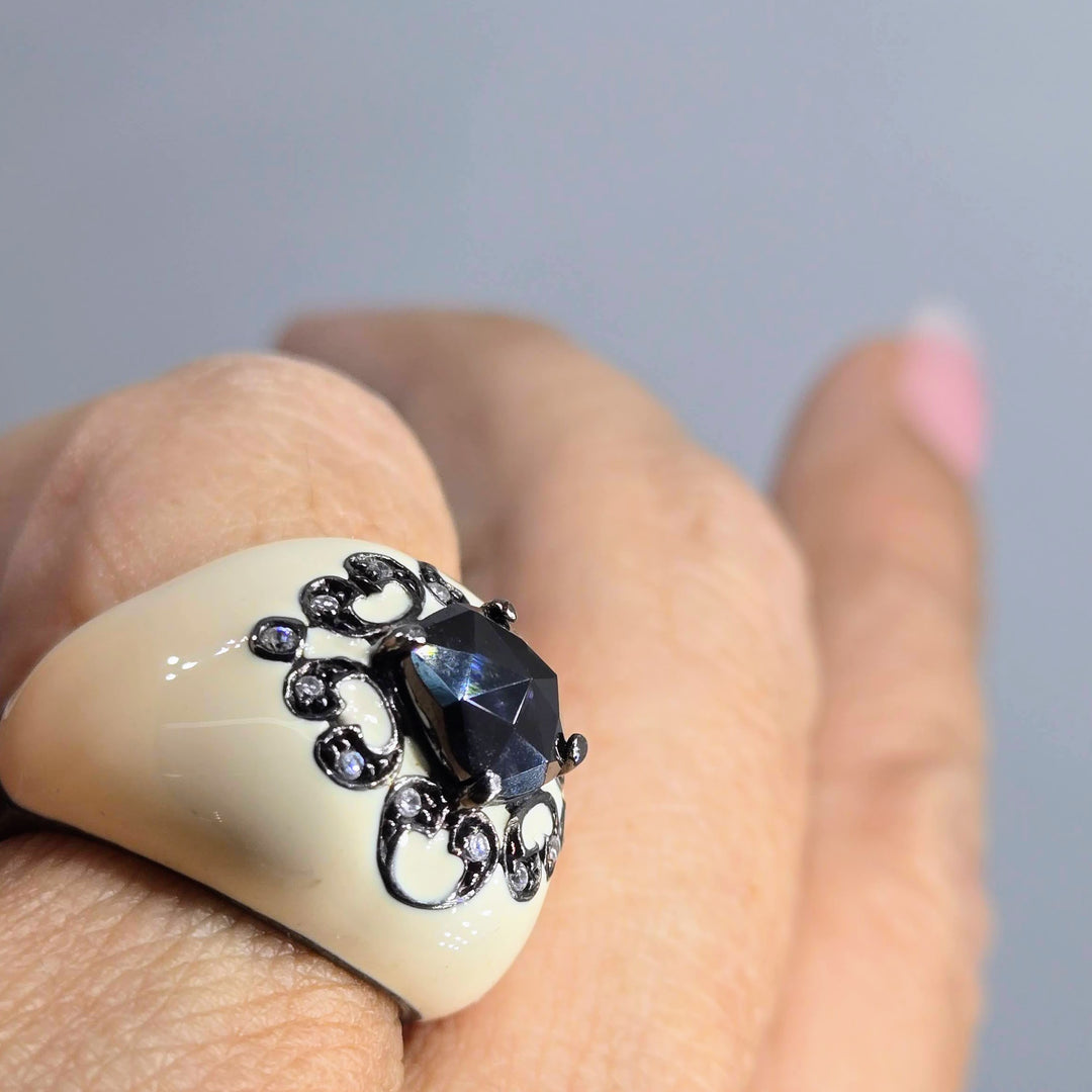 "French Cream" Sz 7.5 Ring - Enamel, Spinel, Crystal, Black Sterling