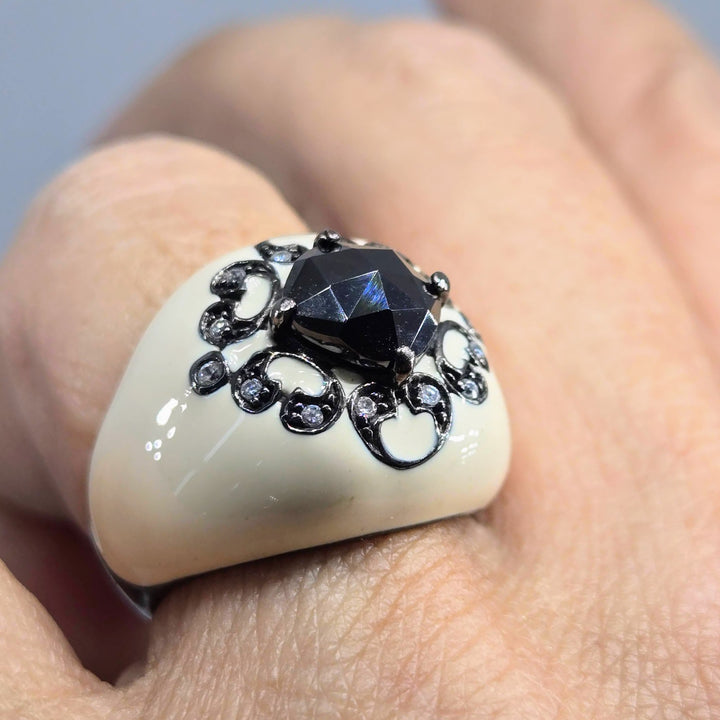 "French Cream" Sz 7.5 Ring - Enamel, Spinel, Crystal, Black Sterling