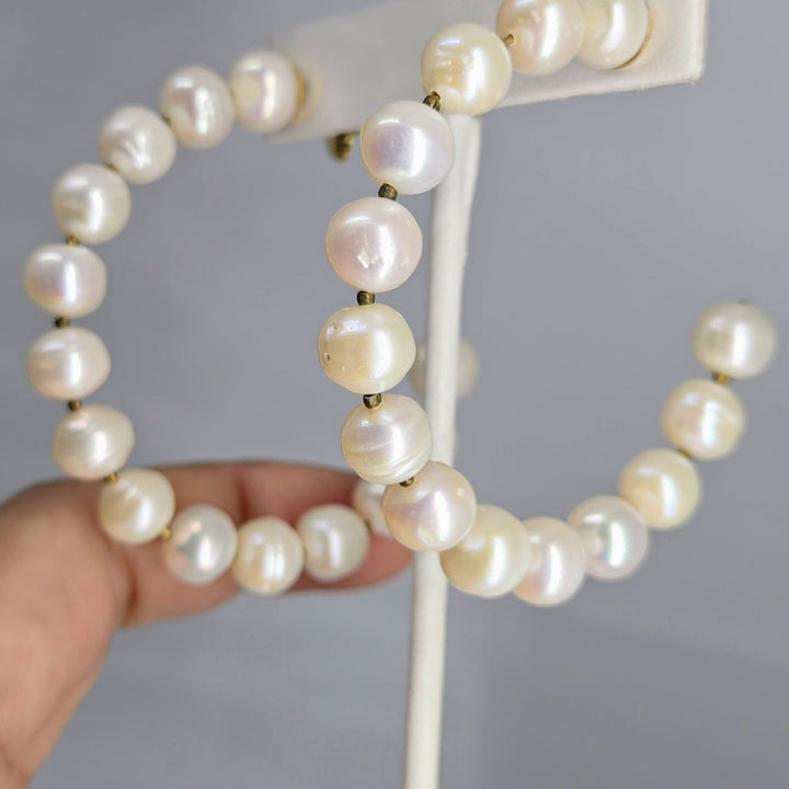 "Life Rings" 2.5" Post Hoop Earrings - Pearls, Gold-plated Jeweler's Brass (hypoallergenic)