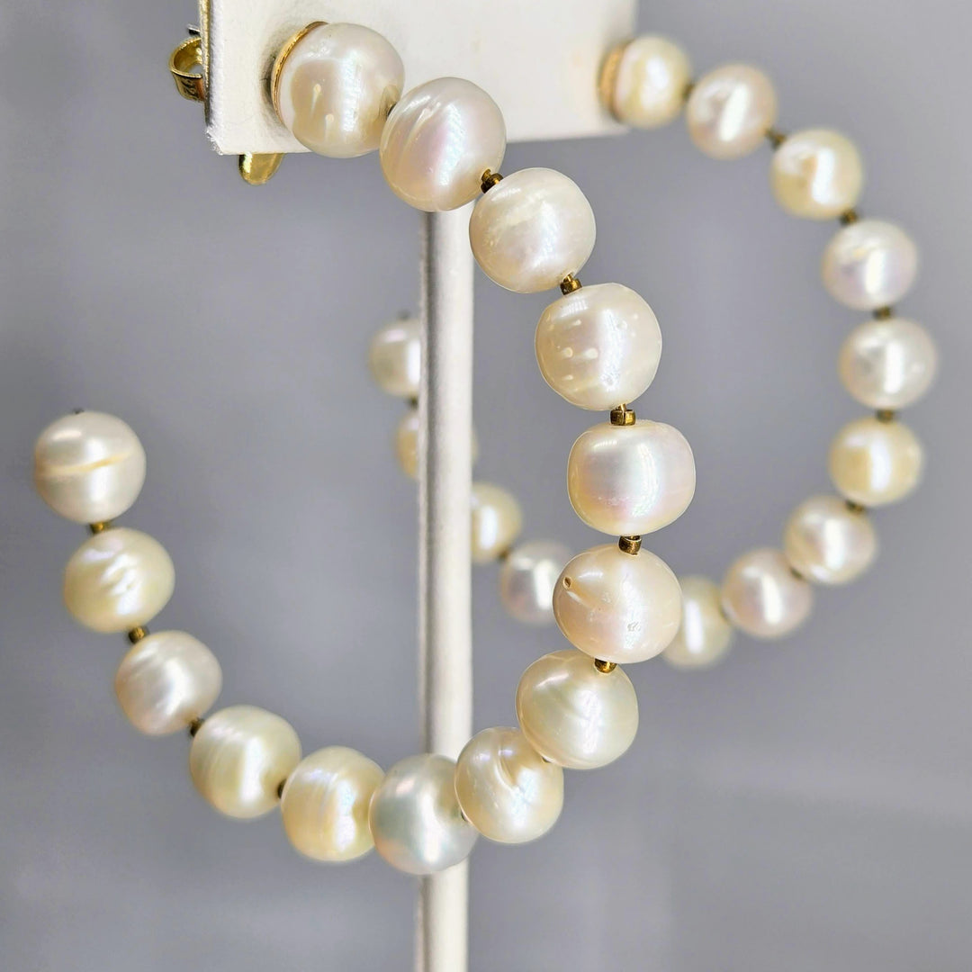 "Life Rings" 2.5" Post Hoop Earrings - Pearls, Gold-plated Jeweler's Brass (hypoallergenic)