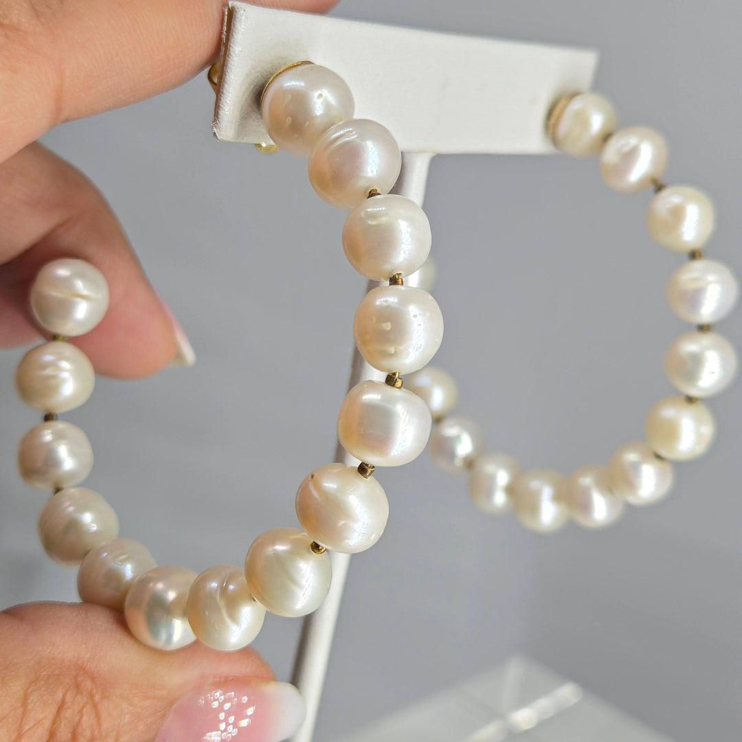 "Life Rings" 2.5" Post Hoop Earrings - Pearls, Gold-plated Jeweler's Brass (hypoallergenic)