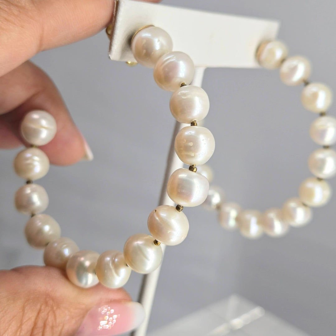 "Life Rings" 2.5" Post Hoop Earrings - Pearls, Gold-plated Jeweler's Brass (hypoallergenic)