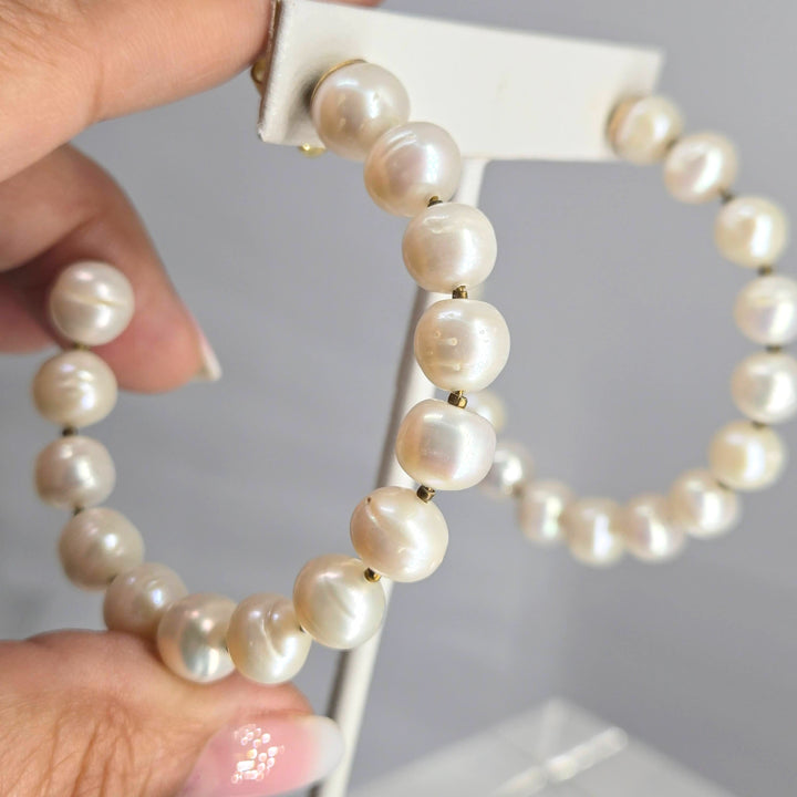 "Life Rings" 2.5" Post Hoop Earrings - Pearls, Gold-plated Jeweler's Brass (hypoallergenic)
