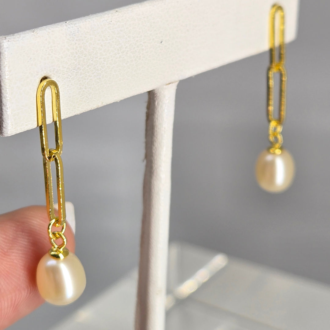 "Paperclip Pearl Drop" 1.25" Earrings - Pearl, 18k Gold Sterling